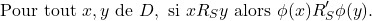 \[\text{Pour tout } x,y \text{ de } {D}, \text{ si } x R_S y \text{ alors } \phi(x) R_S' \phi(y).\]