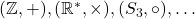 (\mathbb Z,+), (\mathbb R^*,\times), (S_3,\circ), \ldots