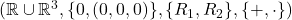 (\mathbb R \cup \mathbb R^3,\{0,(0,0,0)\},\{R_1,R_2\},\{+,\cdot\})